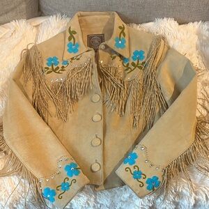 Double D Ranch Tan Suede fringe Jacket w/ Turq Embroidery & crystals.Great shape